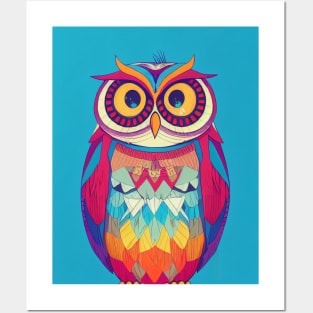 Colorful Owl Portrait Illustration - Bright Vibrant Colors Bohemian Style Feathers Psychedelic Bird Animal Rainbow Colored Art Posters and Art